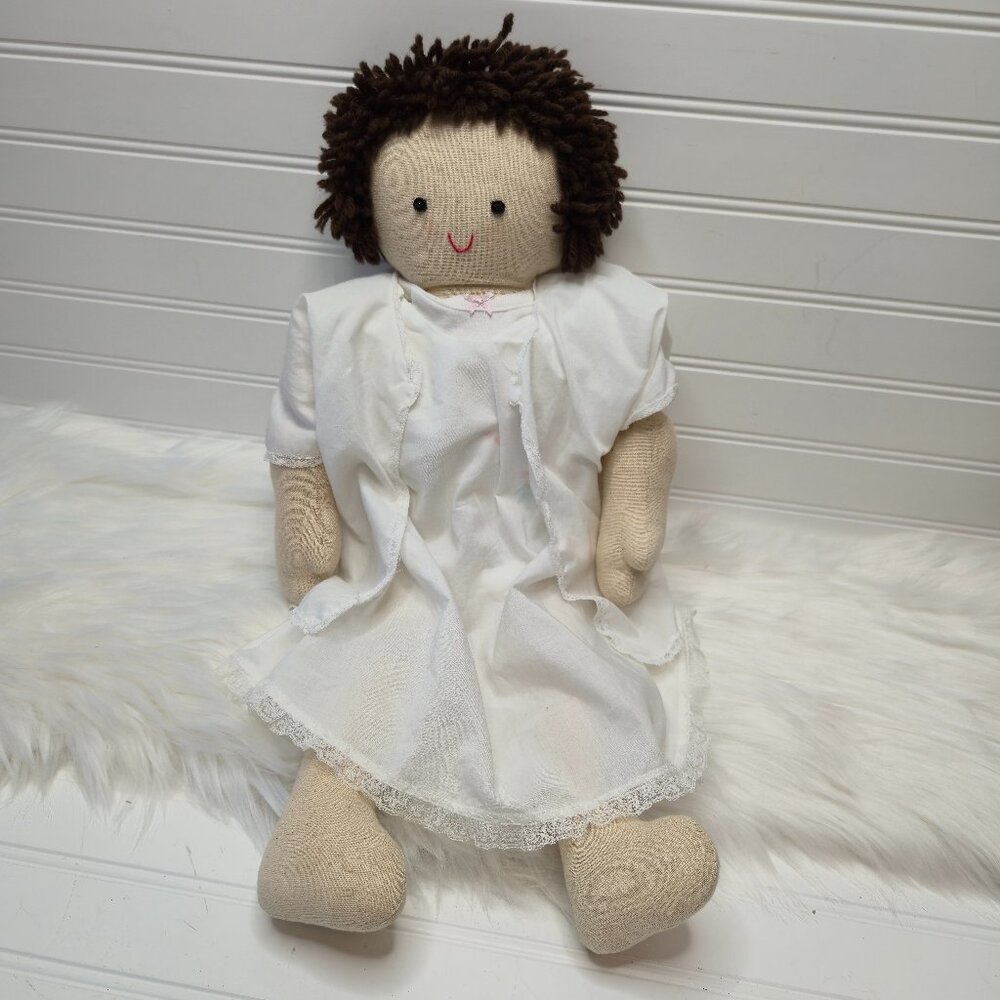 22” Tall Unique Rag Doll Brown Yarn Hair With Vintage Infant Clothing EUC